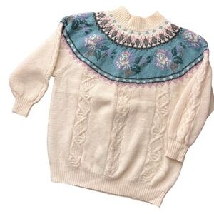 Vtg Wool Chunky Cable Knit Fair Isle Mock Neck Sweater Pullover‎ Womens Medium